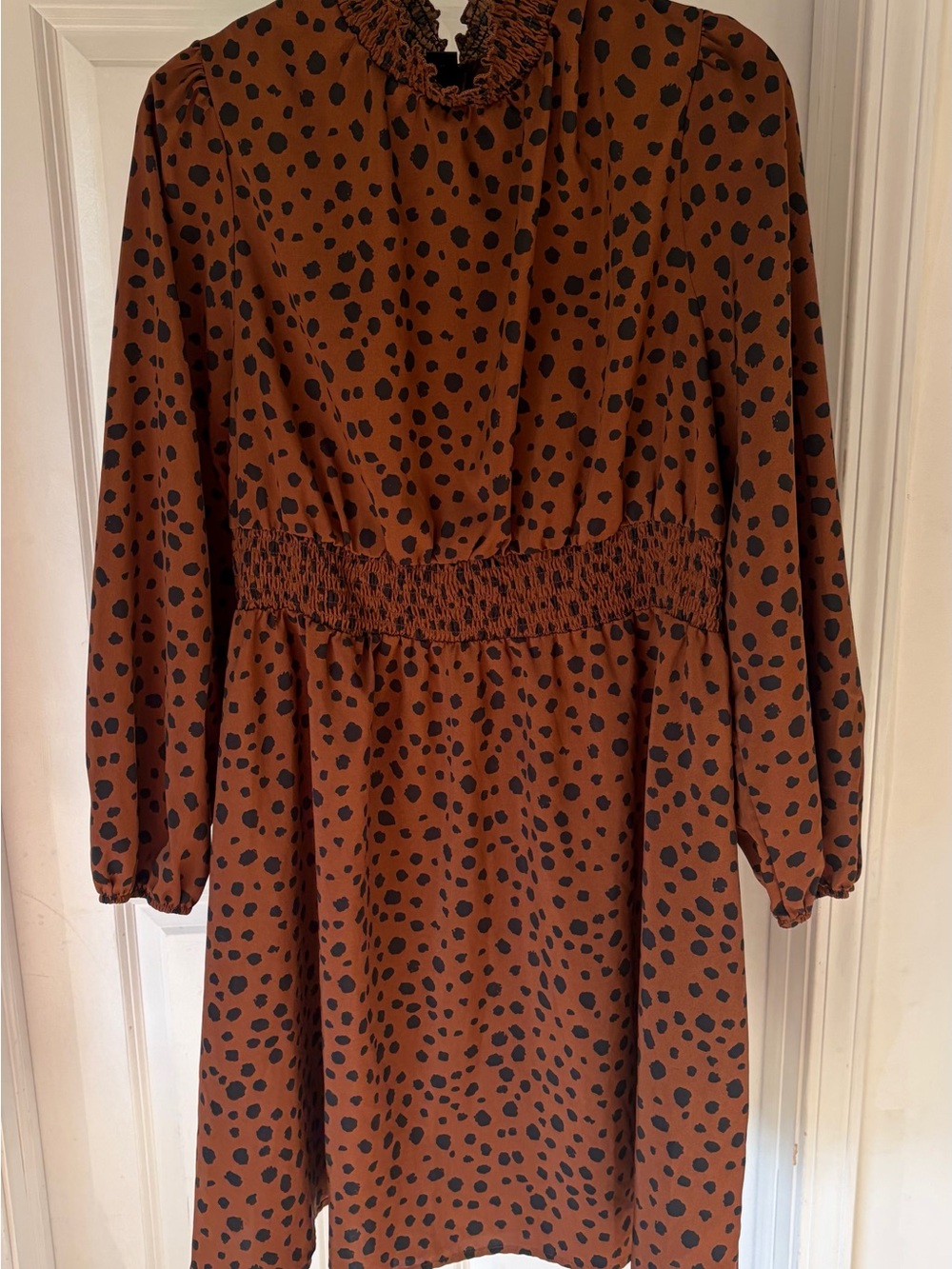 SHEIN Brown Long Sleeve Smocked Waist Dress with Black Spot Print